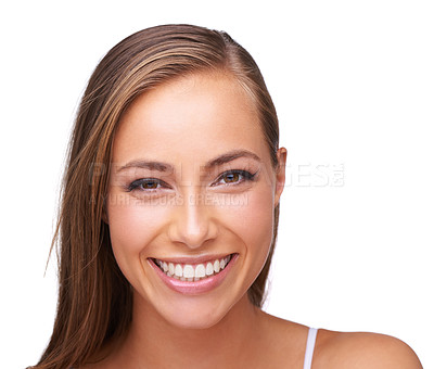 Buy stock photo Beauty, cosmetic and portrait of a woman in a studio with a makeup, face or natural routine. Skincare, cosmetics and happy female model from Brazil with a skin treatment isolated by white background.