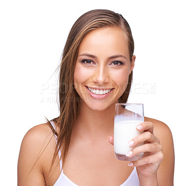 Buy stock photo Portrait, calcium and a glass of a milk with a woman in studio isolated on a white background. Health, drink and diet with an attractive young female drinking a beverage for protein or vitamins