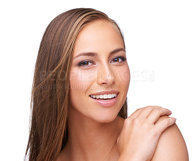 Buy stock photo Skincare, wellness and portrait of woman on a white background for beauty, healthy skin and dermatology. Spa, smile and face of girl with makeup, cosmetics and beauty products isolated in studio