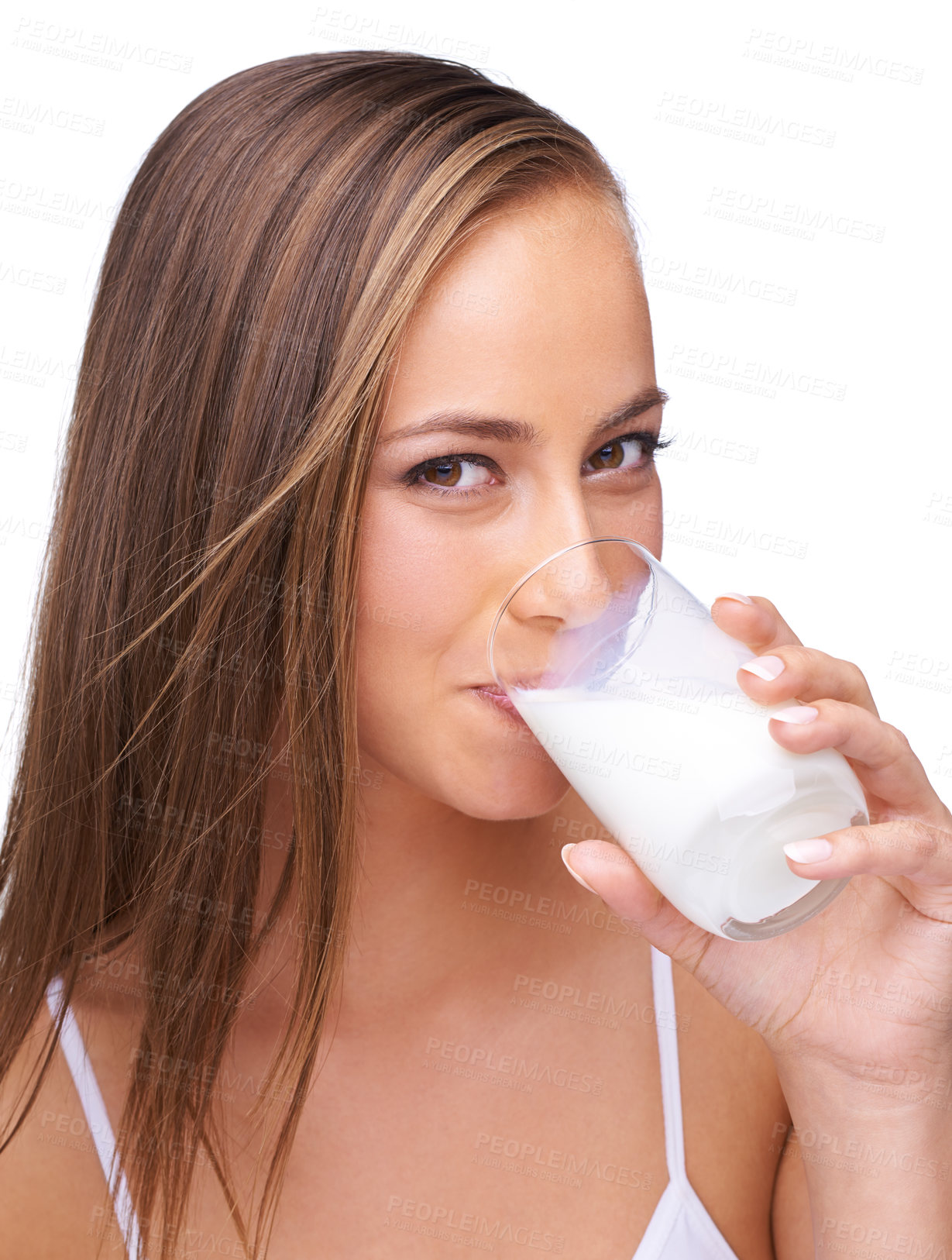 Buy stock photo Milk, drink and portrait of woman on studio, isolated white background and healthy diet. Face of female model, glass and dairy for breakfast, nutrition and dairy with protein, vitamins and calcium