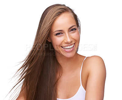 Buy stock photo Happy portrait, woman and skincare or hair care wellness, beauty or cosmetics spa dermatology in white background. Young model, smile and luxury salon facial glow or isolated happiness in studio 