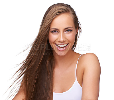 Buy stock photo Woman, smile portrait and hair care wellness, skincare beauty or cosmetics spa dermatology in white background. Young model, happy face and luxury salon facial glow or isolated happiness in studio