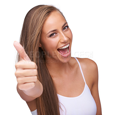 Buy stock photo Thumbs up, thank you and portrait of a woman with motivation isolated on a studio background. Success, smile and model with a hand emoji sign for agreement, win and goal on a white background