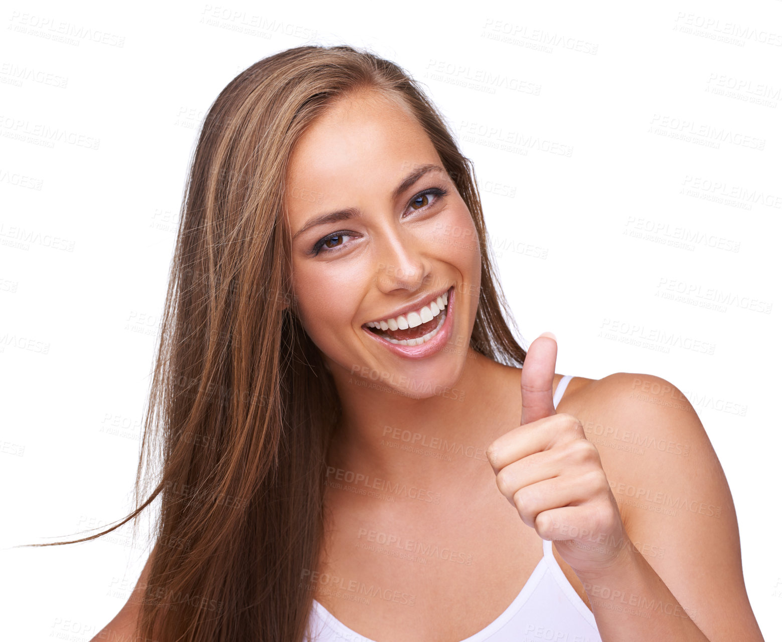 Buy stock photo Thumbs up, woman portrait in studio winning, success or goal achievement isolated on white background. Yes, ok and winner or model face and hand sign for target goals, emoji like and happy, good vote