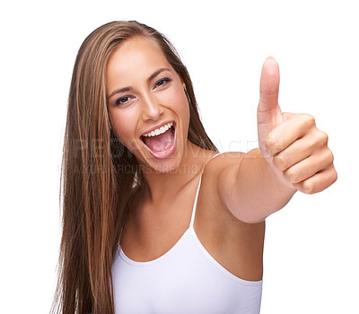 Buy stock photo Thumbs up, winner and portrait of a woman with yes isolated on a studio background. Success, smile and model with a hand emoji sign for agreement, win and goal on a white background in studio