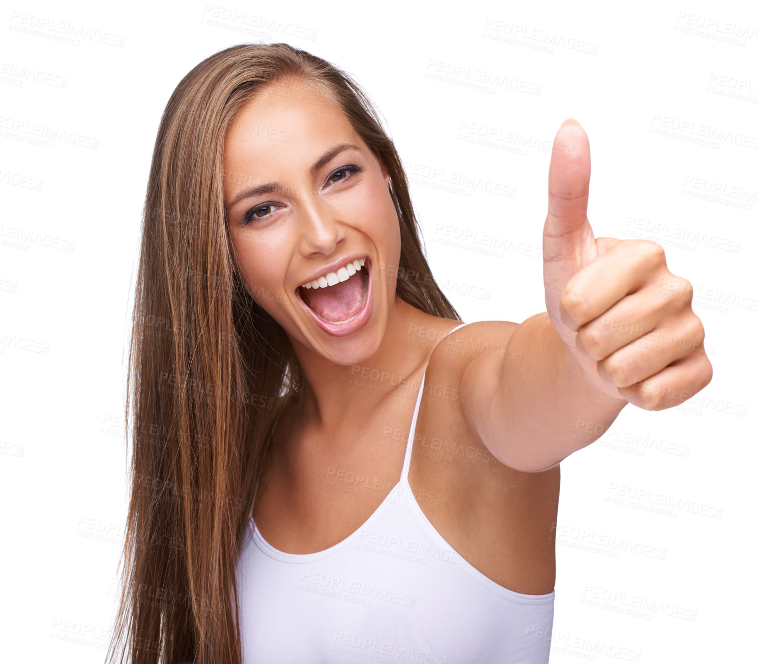 Buy stock photo Thumbs up, winner and portrait of a woman with yes isolated on a studio background. Success, smile and model with a hand emoji sign for agreement, win and goal on a white background in studio