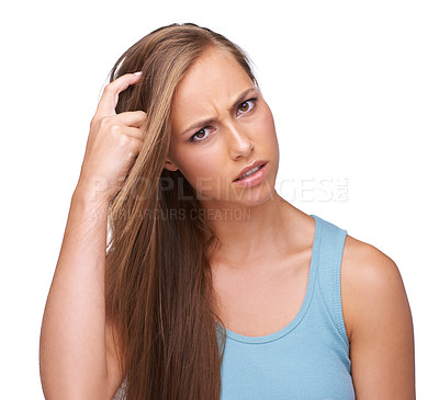 Buy stock photo Confused, doubt and portrait of woman with question scratching head for problem, decision or fail. Anxiety, stress and puzzled model with confusion on face at isolated white background.
