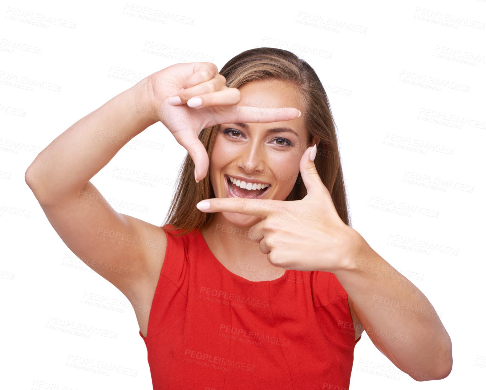 Buy stock photo Creative, hand and frame portrait of woman with smile for inspiration, planning and photography. Happy, excited and natural model with creativity perspective on isolated white background.