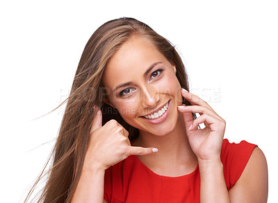 Buy stock photo Woman, portrait and call me sign on studio, isolated white background or contact us, speaking or conversation. Face, female model and hands gesture telephone call connection, communication or talking