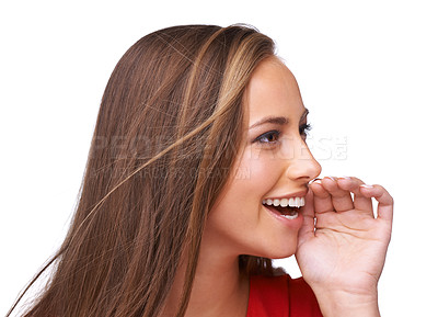 Buy stock photo Gossip, information and face of woman on a white background to share secrets, talking and news. Communication, conversation and girl with message, announcement and whispering isolated in studio