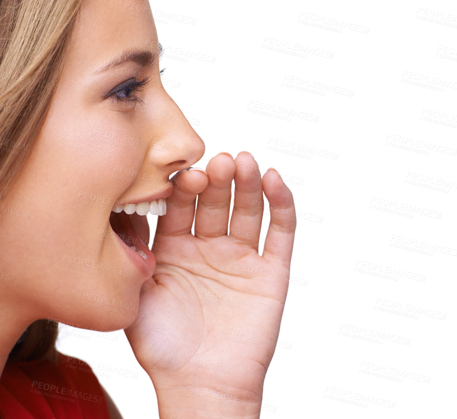 Buy stock photo Gossip, whisper and profile of woman on a white background to share secrets, talking and news. Communication, conversation and girl with message, announcement and information isolated in studio