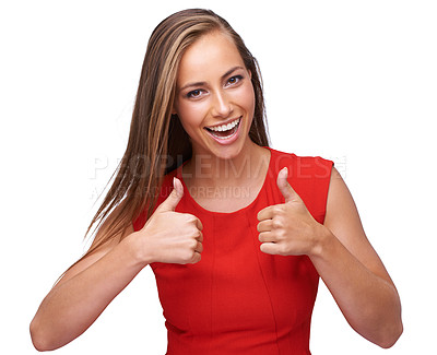 Buy stock photo Thumbs up, agreement and portrait of a woman with a like sign isolated on white background. Thank you, motivation and model with an emoji hand for winning, achievement and yes on a studio background
