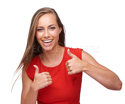 Buy stock photo Thumbs up, success and portrait of a woman with a smile isolated on a white background. Thank you, motivation and model with an emoji hand for winning, achievement and yes on a studio background