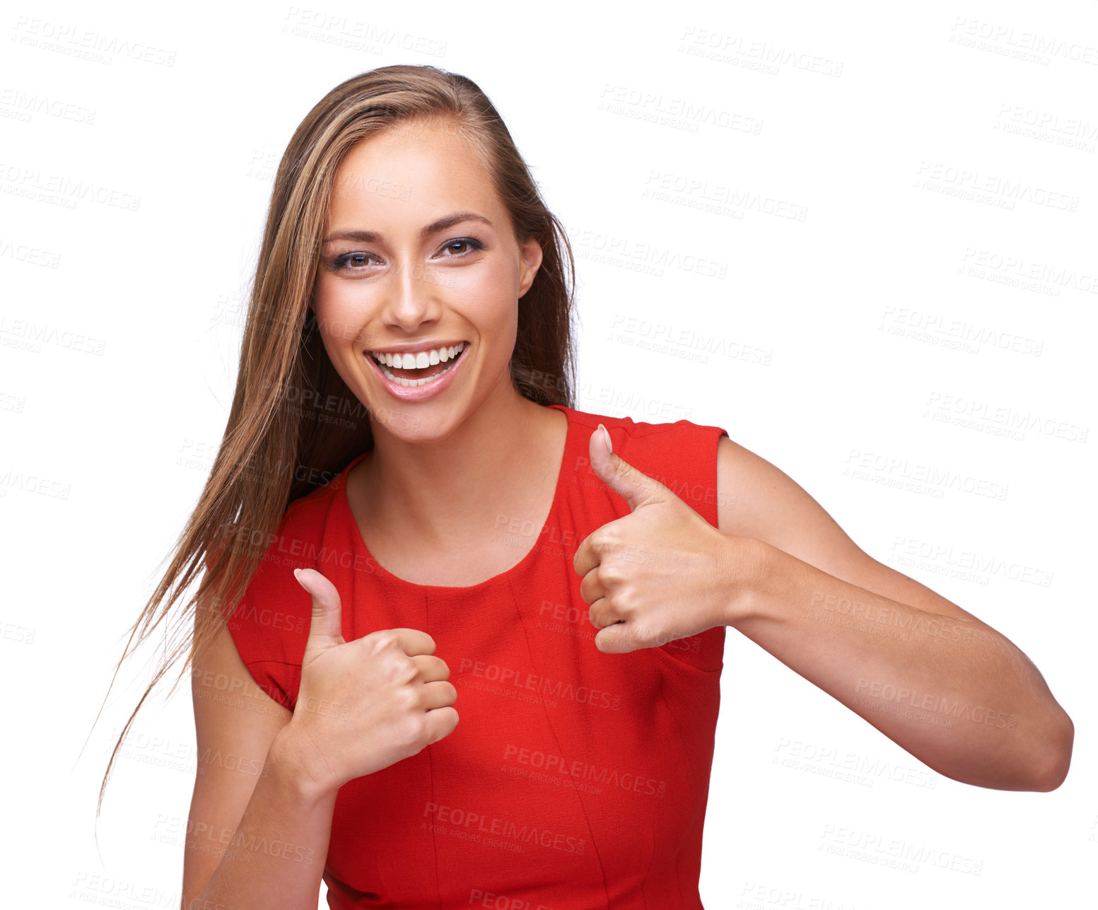 Buy stock photo Thumbs up, success and portrait of a woman with a smile isolated on a white background. Thank you, motivation and model with an emoji hand for winning, achievement and yes on a studio background