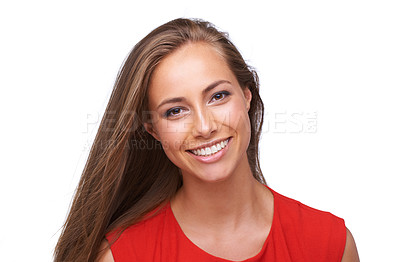 Buy stock photo Smile, perfect teeth and beauty portrait of a woman isolated on a white background with a positive mindset. Young professional female model happy in studio with makeup, cosmetics and hair care