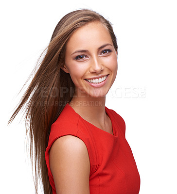 Buy stock photo Beauty, happy and face portrait of a woman with a smile isolated on a white background with a positive mindset. Young professional female Canada model in studio with makeup, cosmetics and hair care