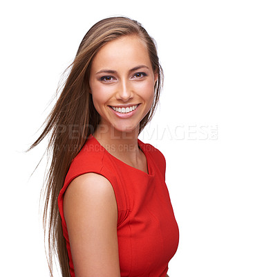 Buy stock photo Face portrait, beauty and a woman with a happy smile isolated on a white background with a positive mindset. Young professional female model with red in studio with makeup, cosmetics and hair care