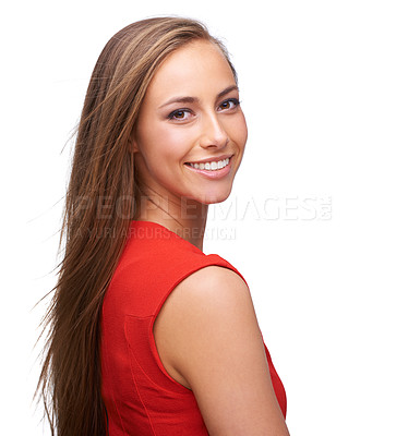 Buy stock photo Happy, smile and portrait of a woman in a studio with a beauty, makeup and cosmetic face routine. Beautiful, young and natural female model posing while isolated by white background with mockup space