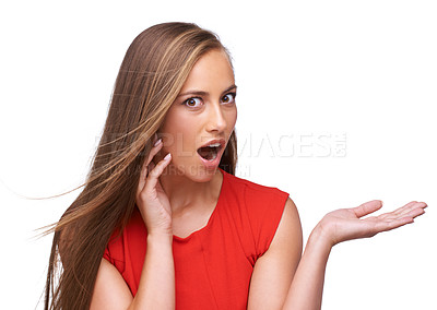 Buy stock photo Wow, mockup and portrait of woman on a white background for advertising, marketing and branding. Product placement, fashion and isolated girl for surprise, omg and shock for sale, discount and deal