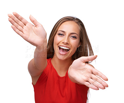 Buy stock photo Portrait, hands and freedom with a model woman in studio isolated on a white background feeling carefree. Face, excited and cheerful with an attractive young female on blank product placement space