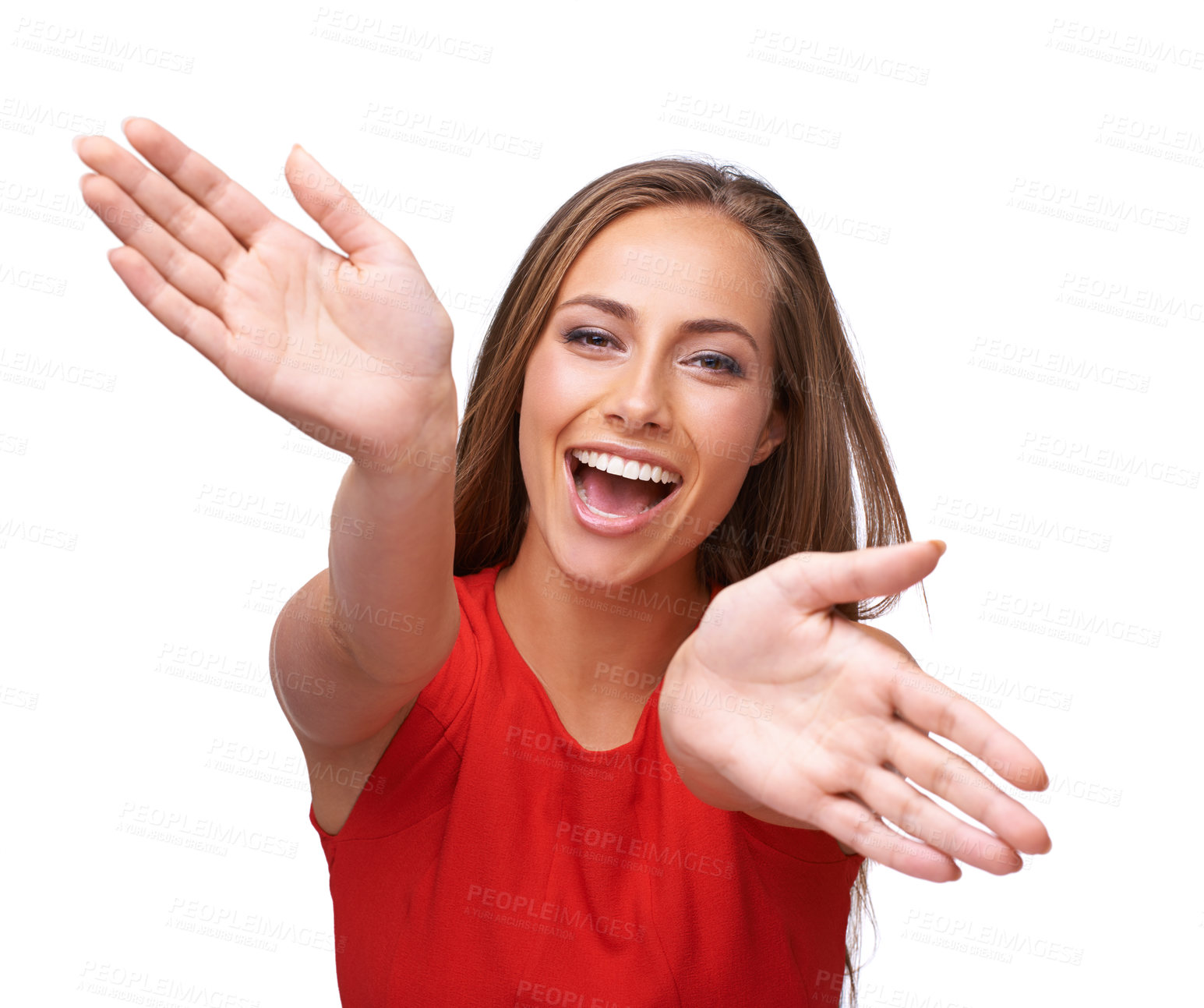 Buy stock photo Portrait, hands and freedom with a model woman in studio isolated on a white background feeling carefree. Face, excited and cheerful with an attractive young female on blank product placement space