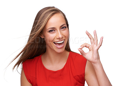 Buy stock photo Yes, ok and portrait of girl with hand emoji for happiness in approval, success and opinion. Young and beautiful model confident in agreement with happy smile at isolated white background.