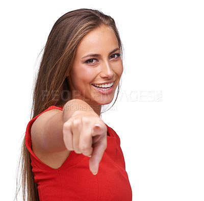 Buy stock photo Choice, smile and portrait of a woman pointing on a white background isolated in a studio. Excited, happy and hand of a girl model with a finger gesture for a decision on a studio background