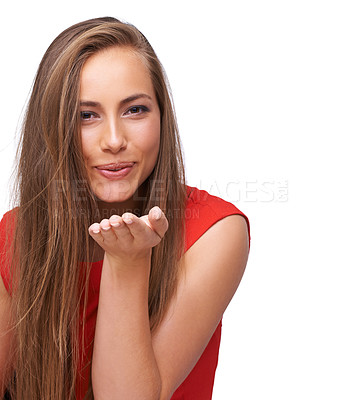Buy stock photo Woman, kiss and love portrait with isolated white background to show happiness with mockup. Romantic, beauty and hand blowing kisses of a young model feeling beautiful and happy in studio mock up