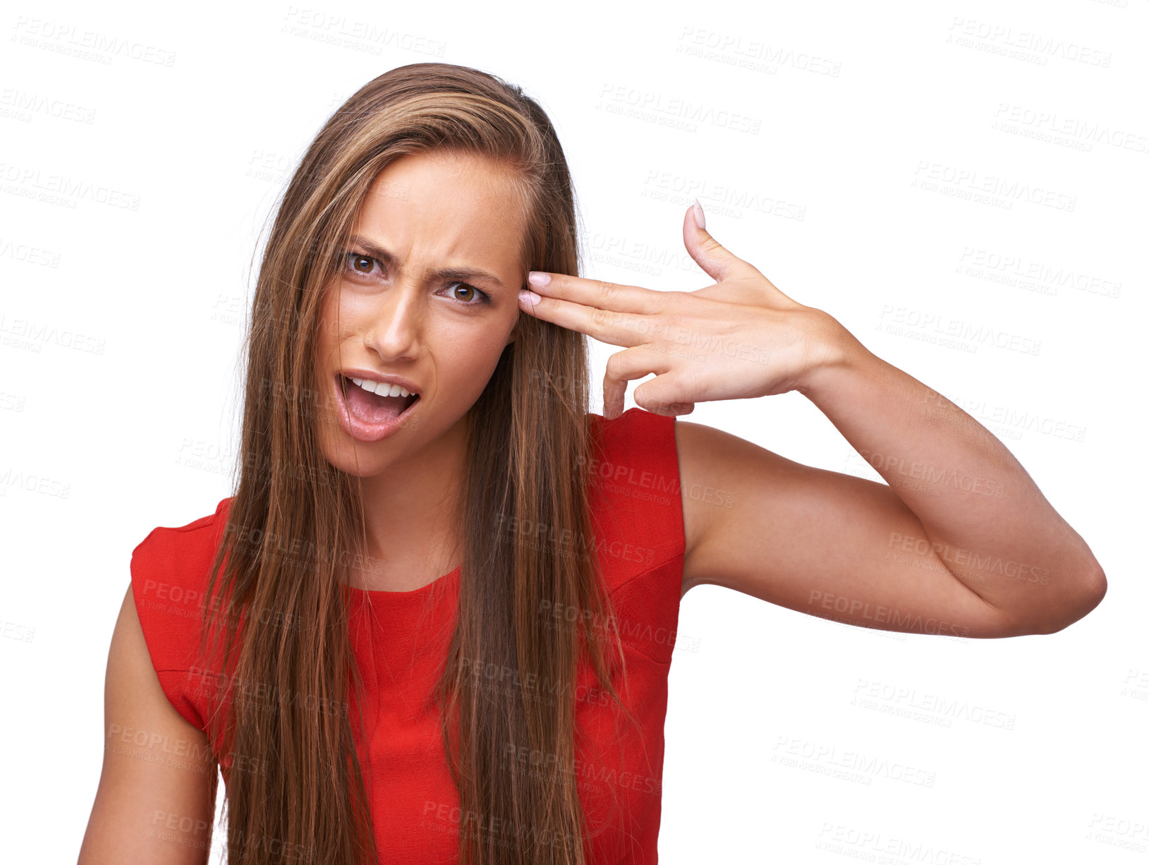 Buy stock photo Woman, studio portrait and gun hand to head with anger, crazy and annoyed by white background. Isolated model, comic and weapon sign to temple with mad face, mental health and clothes for fashion