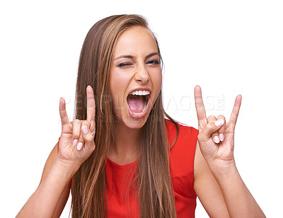 Buy stock photo Rock, hand sign and portrait of woman on a white background for freedom, energy and heavy metal music. Comic, emoji and face of girl isolated in studio for rock and roll gesture, punk and attitude