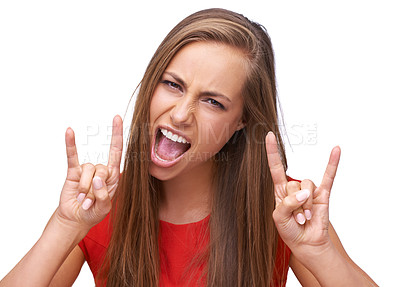 Buy stock photo Rock, hands and portrait of woman on a white background for freedom, energy and heavy metal music. Comic, emoji and face of girl isolated in studio for rock and roll gesture, punk rock and attitude