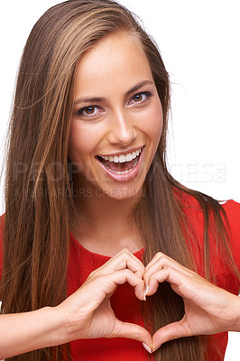 Buy stock photo Woman, smile portrait and heart hands shape, emoji for love sign, happiness and support in white background. Model face, happy symbol and self care peace or excited hand gesture in isolated studio
