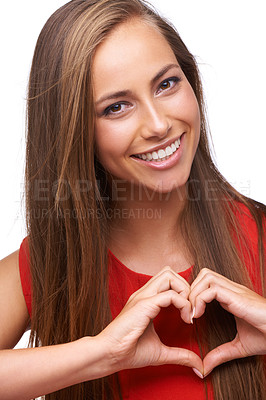 Buy stock photo Woman, happy and heart shape portrait or emoji for love sign, happiness and support in white background. Model, face and smile for self care peace, loving hand gesture or symbol in isolated studio