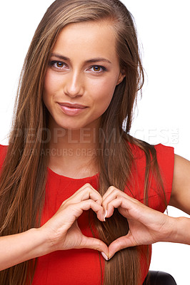 Buy stock photo Woman, love hands and smile portrait, emoji sign or happiness support in white background. Young model, face and heart shape symbol for happy self care or excited hand gesture in isolated studio 