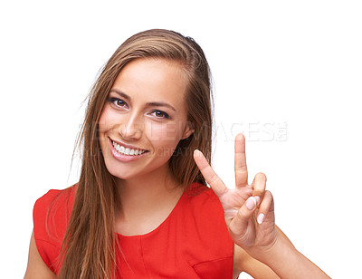 Buy stock photo Happy woman, portrait and peace hand sign with a smile and happiness freedom emoji isolated on white background. Face of a young female with fingers for a positive mindset, motivation and kindness