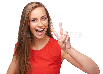 Buy stock photo Woman, studio portrait and hand for peace sign emoji for support, motivation and a positive mindset. Face of a female model happy and excited about finger icon isolated on a white background