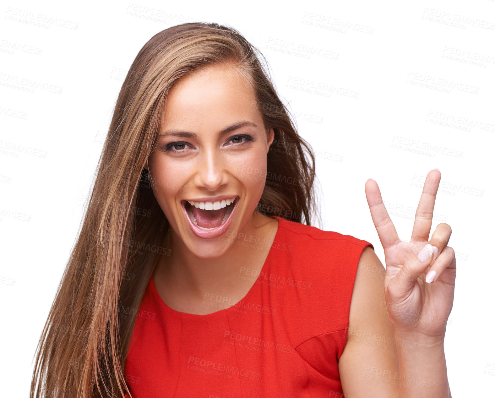 Buy stock photo Woman, studio portrait and peace hand with happiness, smile and beauty by white background. Isolated model, happy and peaceful hand sign with clothes, fashion and face with laugh, makeup and cosmetic