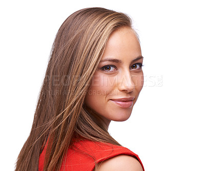 Buy stock photo Beauty, woman and portrait of a happy face isolated on a white background with a positive mindset. Young professional female model in studio with makeup, cosmetics and hair care with a glow and smile