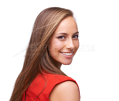 Buy stock photo Smile, beauty and portrait of a woman isolated on a white background with a positive mindset. Face of a young female model happy in studio with skin glow makeup, cosmetics and hair or dental care