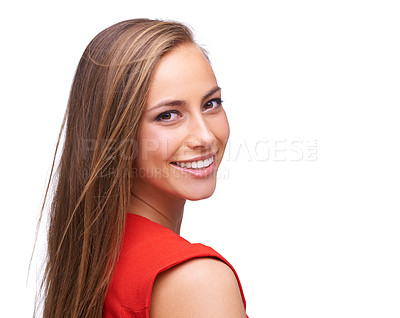 Buy stock photo Happy woman, portrait and face with a teeth smile isolated on a white background with advertising space. Young female model with a positive mindset in studio for makeup, cosmetics and hair care