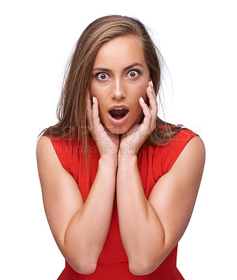 Buy stock photo Woman, portrait and shocked or surprise with wow or open mouth reaction while isolated on white background. Face of female with omg emoji for fake news, sale announcement or gossip in studio