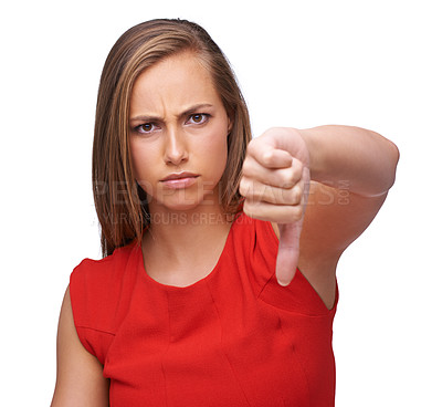 Buy stock photo Woman, hand and thumbs down to disagree, failure or disapproval against a white studio background. Portrait of a isolated female pointing thumb down for incorrect, wrong or fail on white background