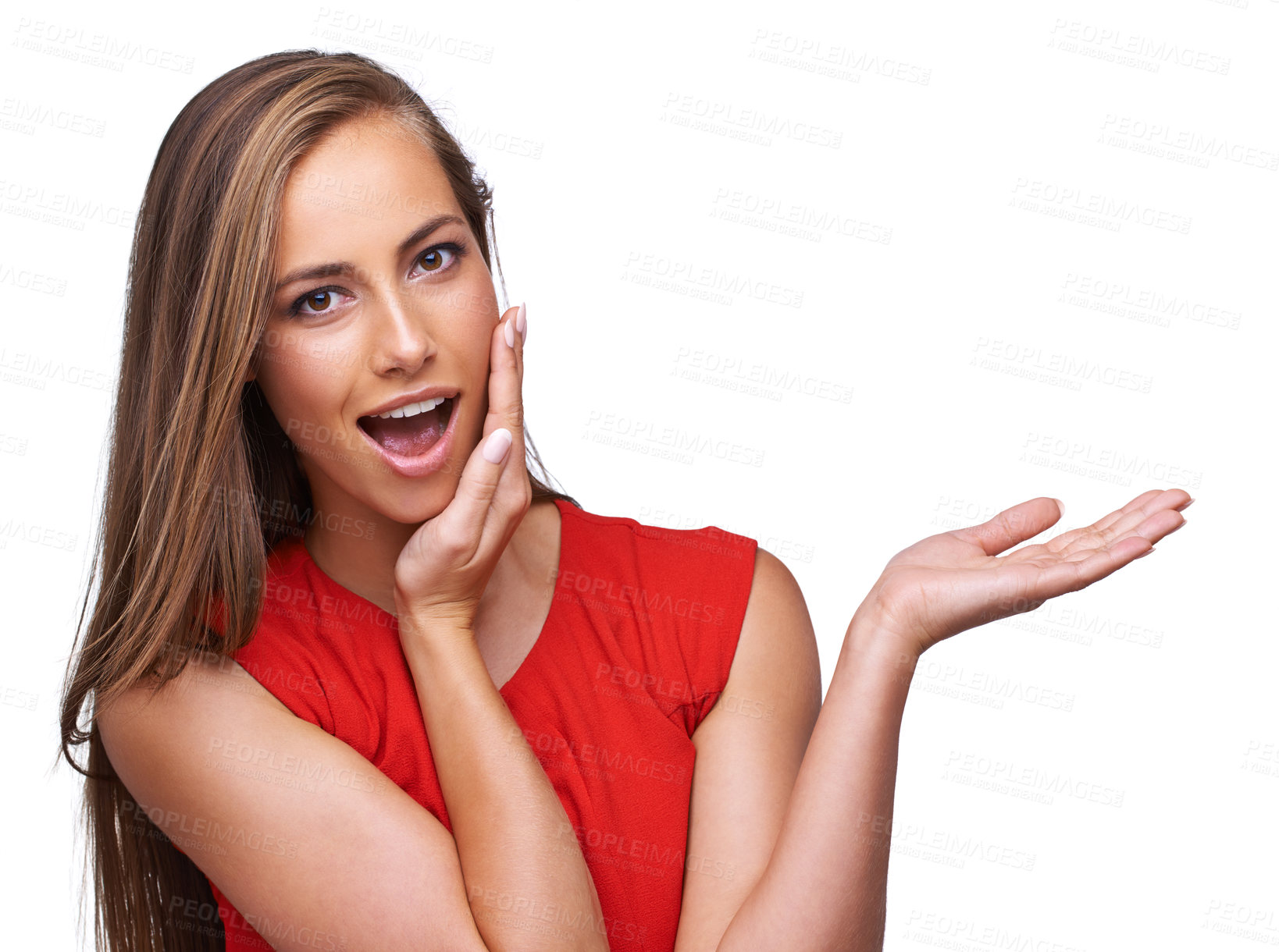 Buy stock photo Wow, advertising and portrait of woman on a white background for mockup, marketing and branding. Product placement, fashion and isolated girl for surprise, omg and shock for sale, discount and deal