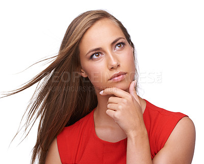 Buy stock photo Thinking, ideas and thoughtful woman in studio for planning, wondering and daydreaming. Pensive, ponder and female model from Brazil brainstorming or contemplating while isolated by white background.