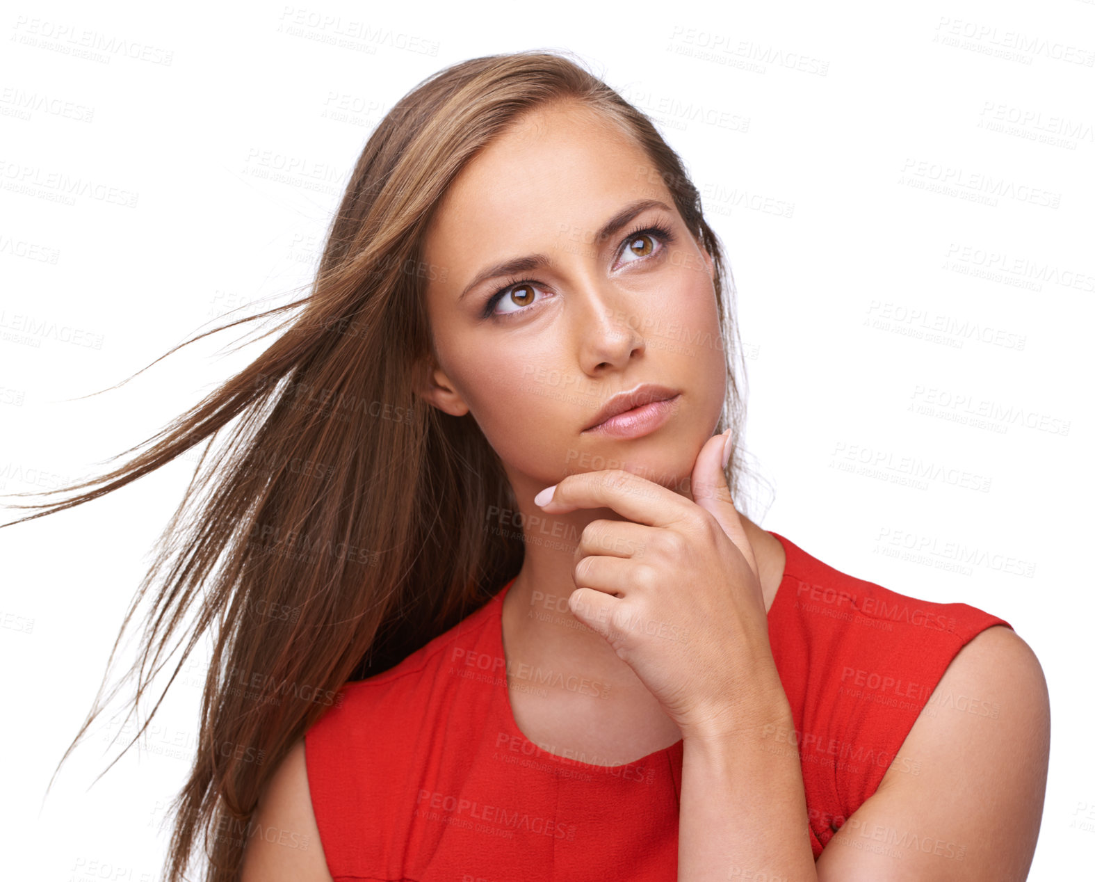 Buy stock photo Thinking, ideas and thoughtful woman in studio for planning, wondering and daydreaming. Pensive, ponder and female model from Brazil brainstorming or contemplating while isolated by white background.