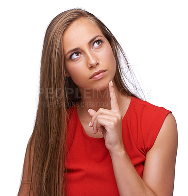 Buy stock photo Thinking, idea and mock up with a woman in red posing in studio isolated on a white background. Marketing, advertising and blank space with a female looking thoughtful in contemplation of ideas 