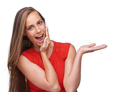 Buy stock photo Wow, advertising and portrait of woman on a white background for mockup, marketing and branding. Product placement, fashion and isolated girl for surprise, omg and shock for sale, discount and deal