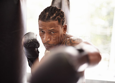 Buy stock photo Punch, portrait and black man with boxing gloves in gym for fitness challenge, fight and competition training. Power, fist and serious face of champion boxer at workout with confidence in sports club
