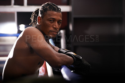 Buy stock photo Portrait, fitness and black man boxer in ring at gym for combat sports training or competition. Exercise, boxing or fighting with shirtless young athlete on break from intense self defense workout