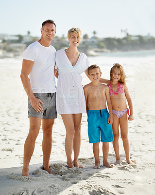 Buy stock photo Parents, children and portrait on beach in summer for holiday on island or bonding, connection or vacation. Man, woman and siblings with face in Florida together or outdoor happiness, travel or relax